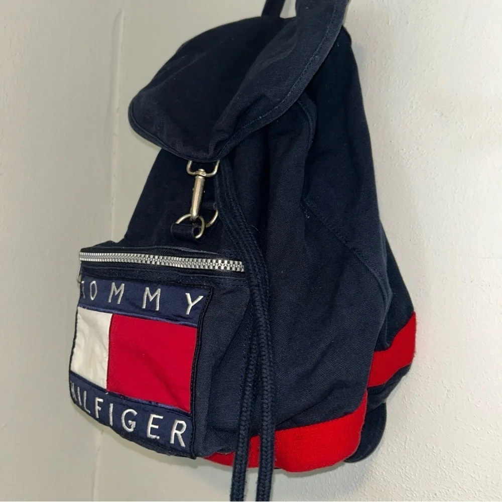 Vintage 1990s Tommy Hilfiger Backpack Nap Sack Tote Bag Big Flag Spell Out Logo - Picture 3 of 6